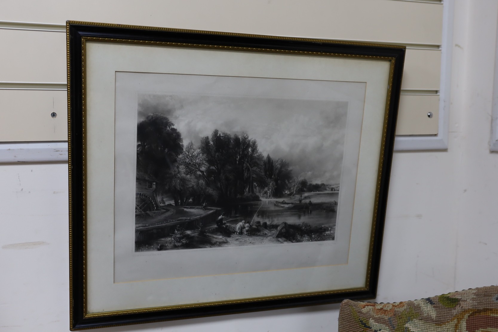 David Lucas after John Constable, open-lettered proof print, 'Stratford Mill - The Young Waltonians', published in 1840 (Shirley No.38), Agnews label verso, 30 x 42cm